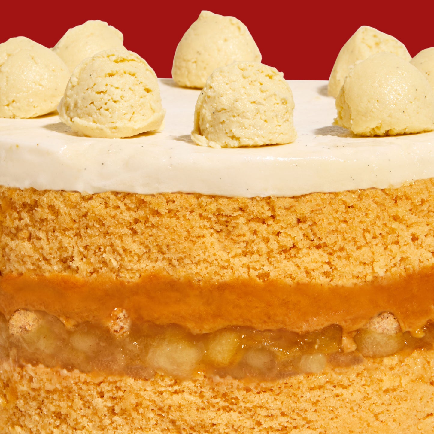 Close up macro shot of the caramel apple pie cake layers and fillings